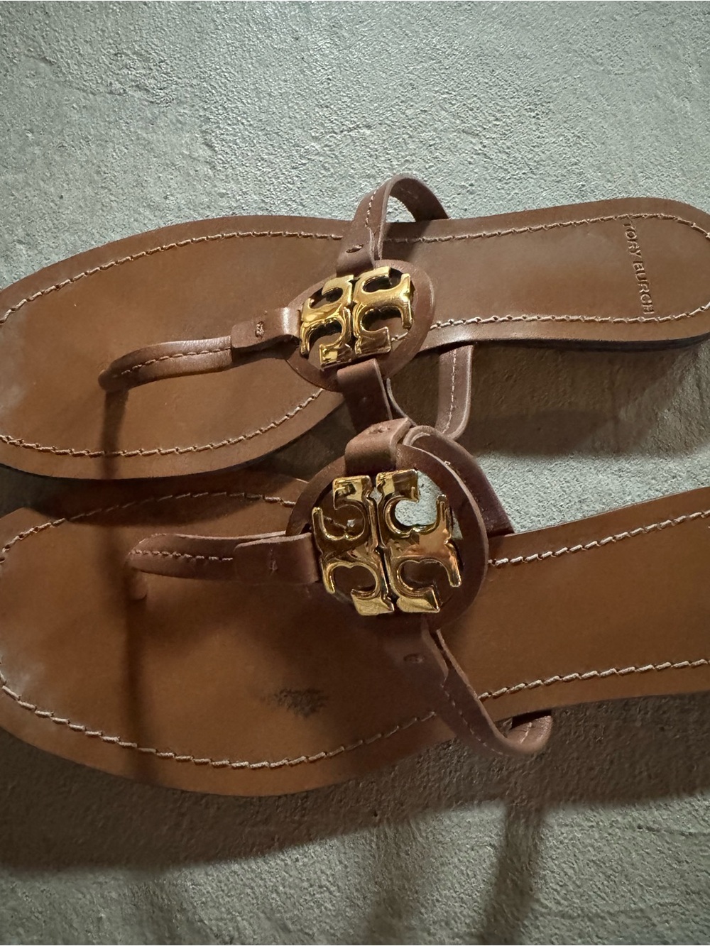 Tory Burch Brown Leather Thong Sandals with Gold Logo Emblems